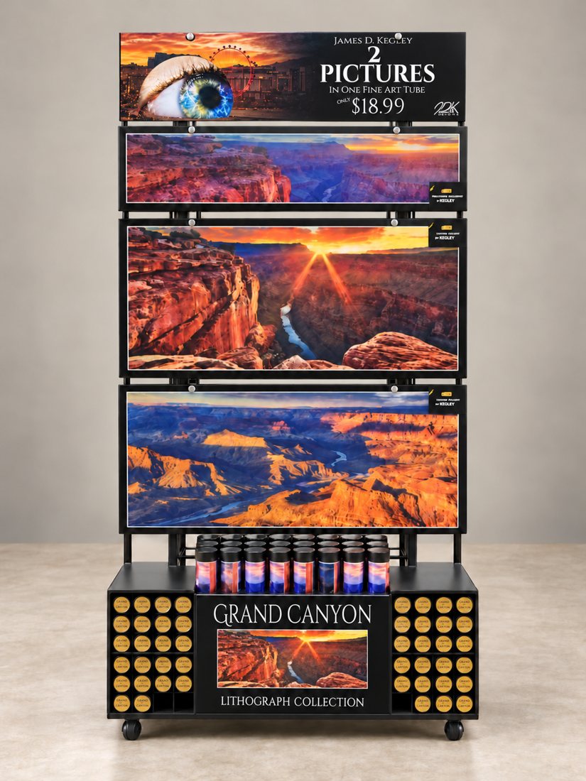 JDK Las Vegas display with photographic artwork on a black grid and T-shaped feet