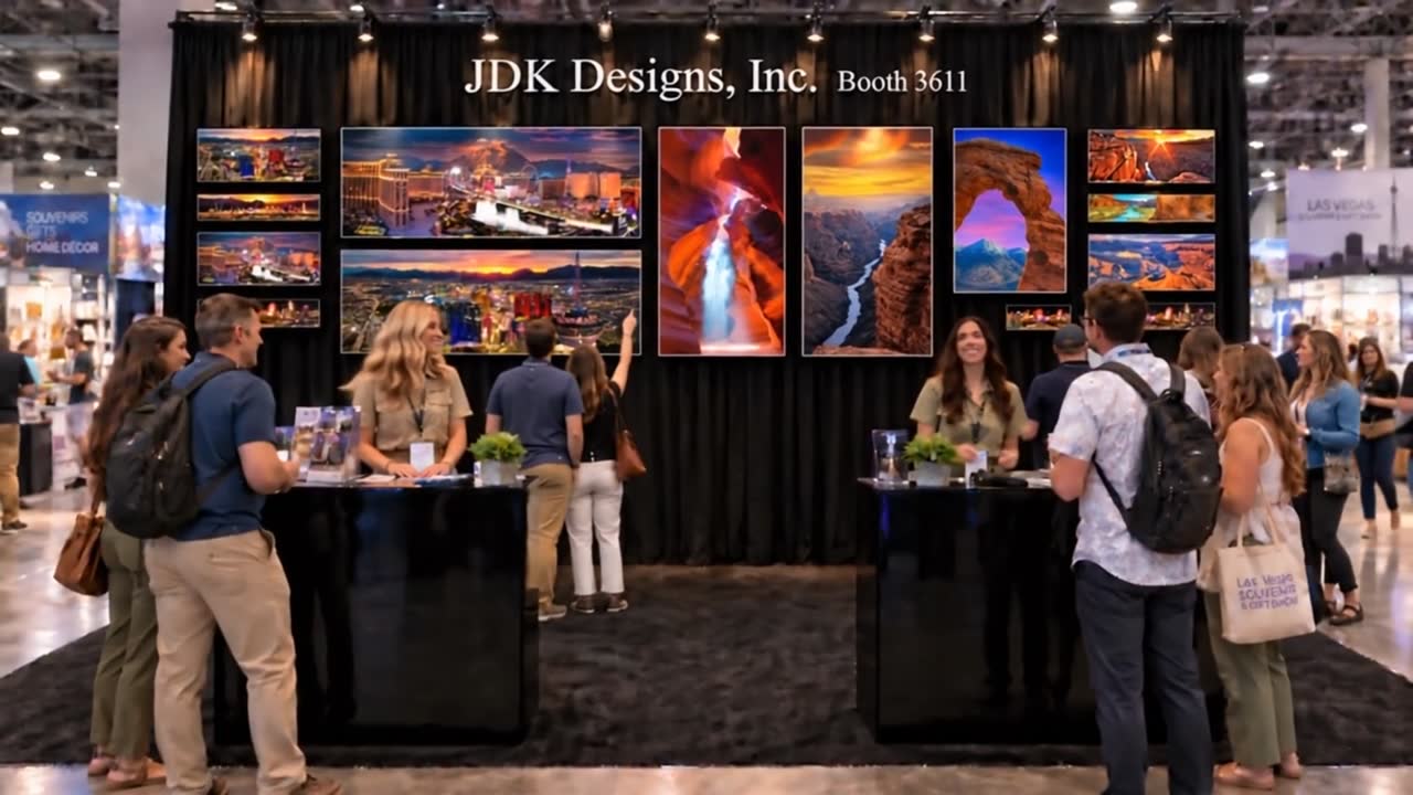 Concept visualization of a JDK Designs booth presenting destination artwork and print displays